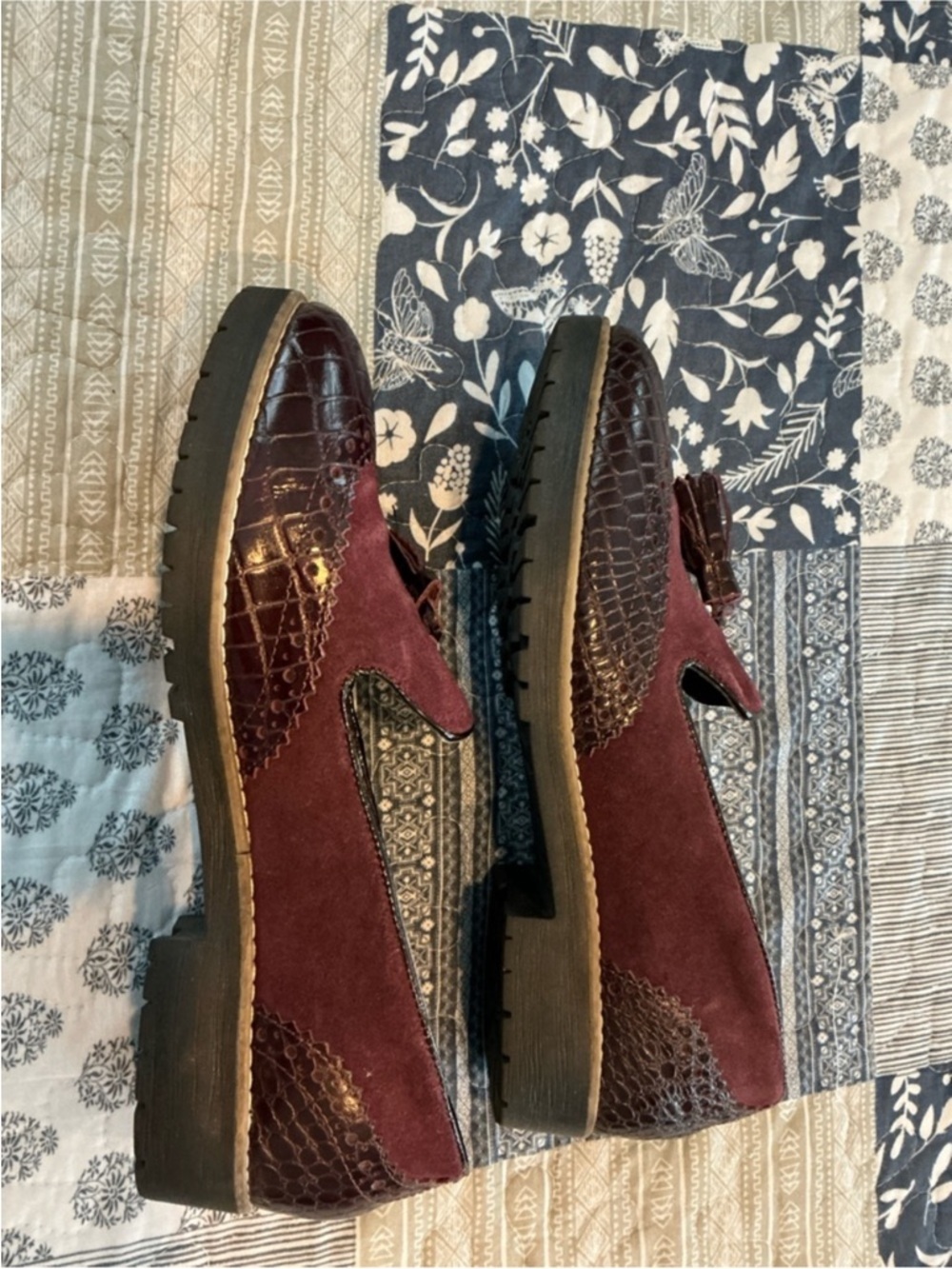 Dune London Burgundy Suede & Croc Tassel Loafers - Picture 2 of 7